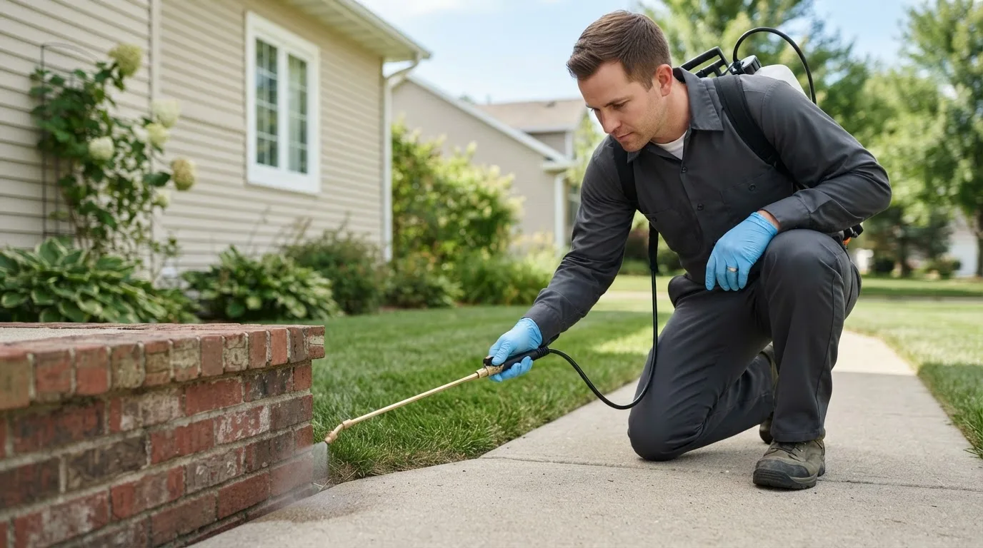 Pest control technician treating a home near Floodwood, MN