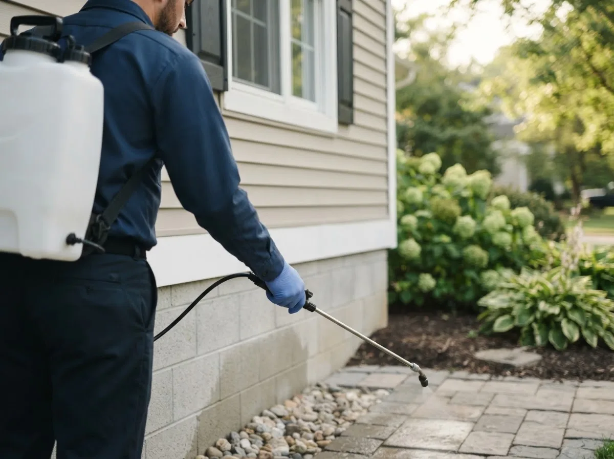 Pest control technician inspecting a home in Floodwood, MN